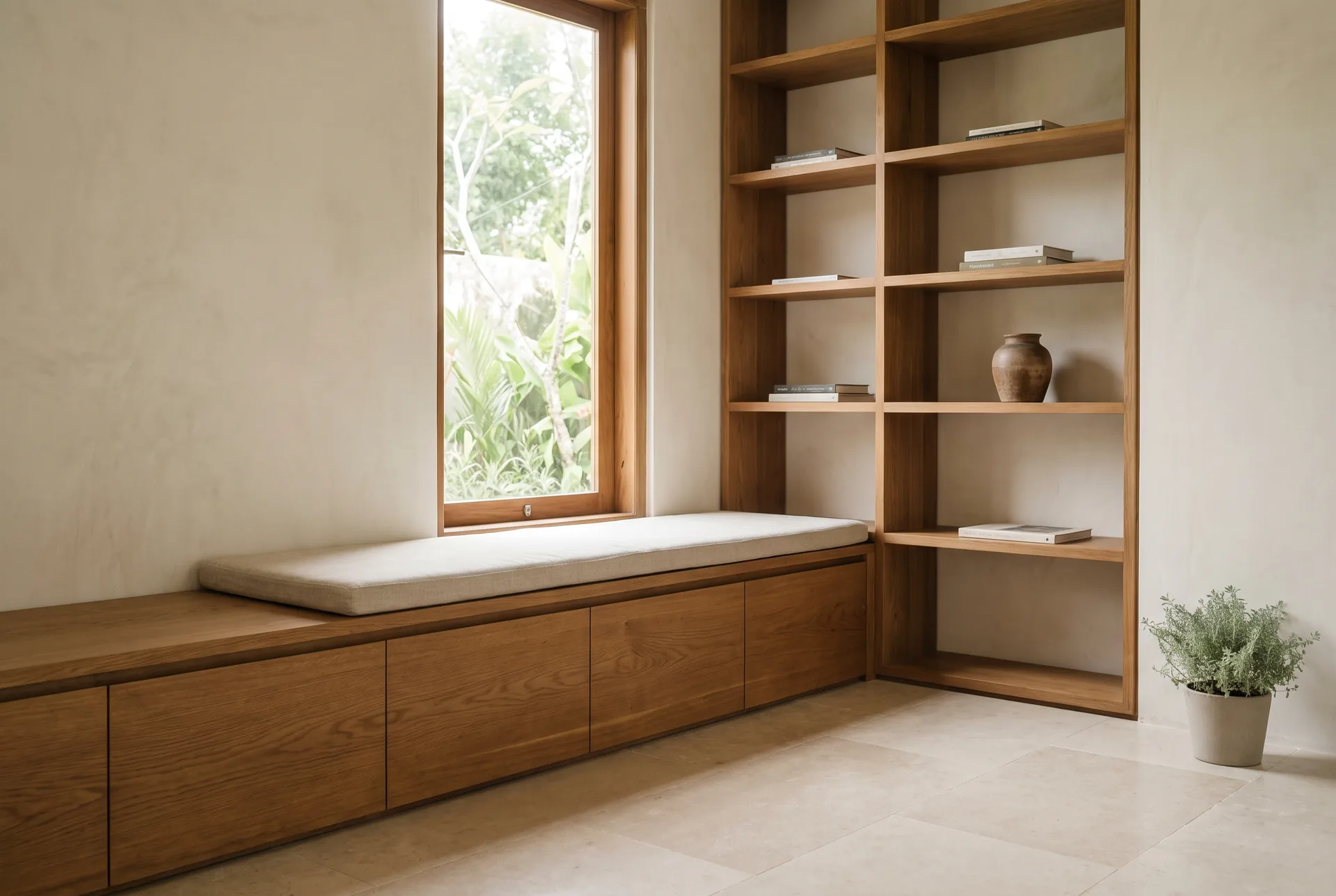 Design visualization of a built-in window seat with a linen cushion, flush drawers and tall oak shelving bays