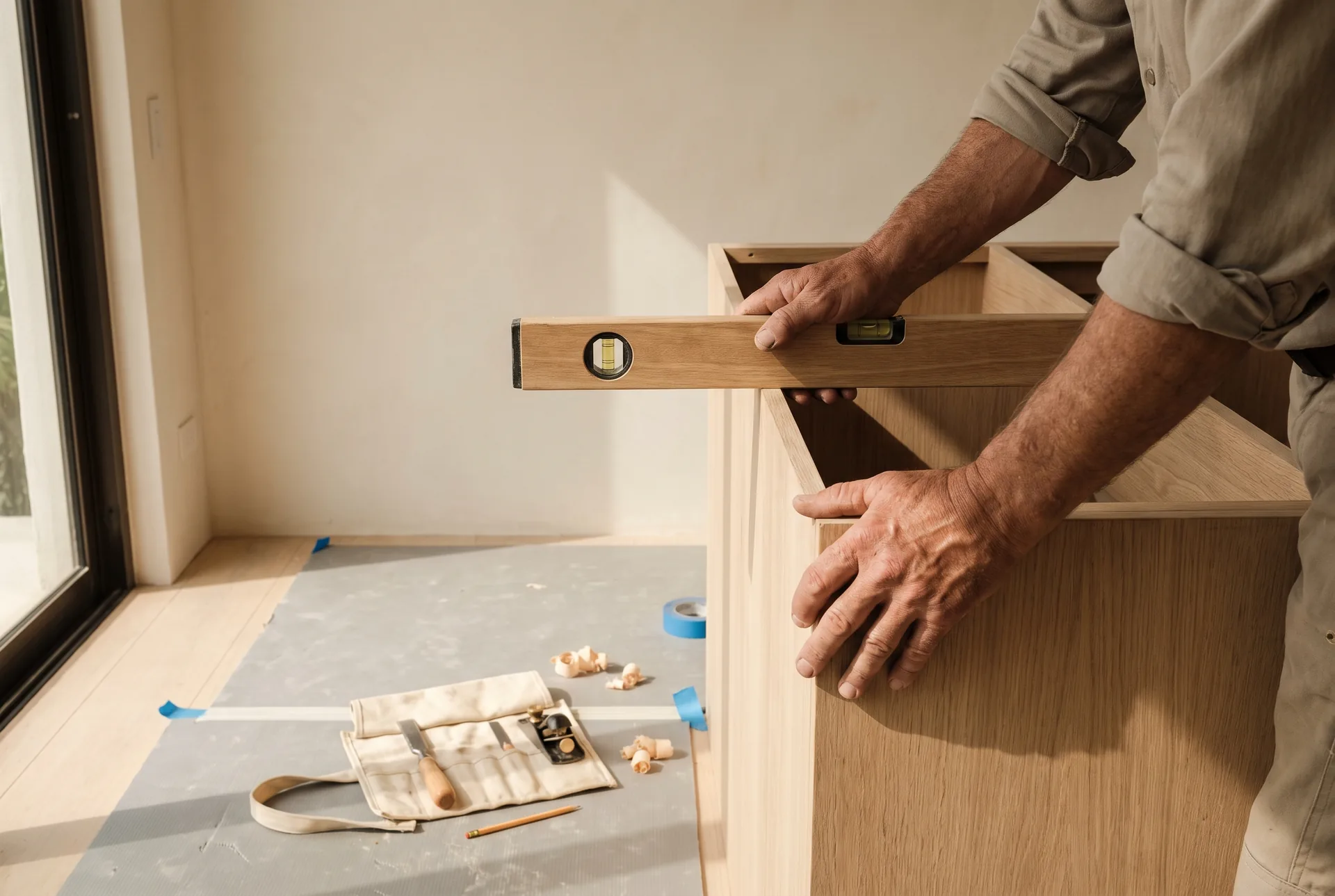 Furniture installation concept with an installer checking a fitted oak cabinet with a spirit level