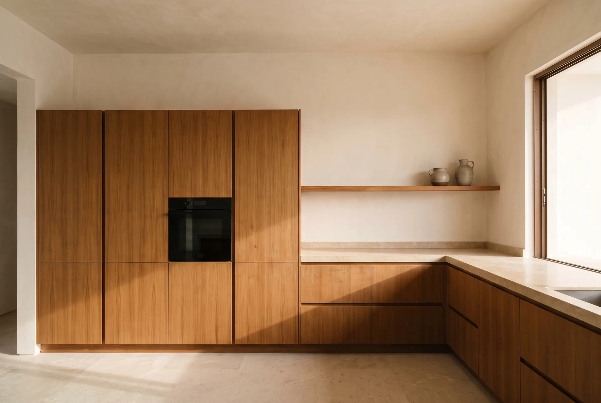 Kitchen installation concept with full-height teak cabinetry, an integrated oven and a stone worktop turning the corner