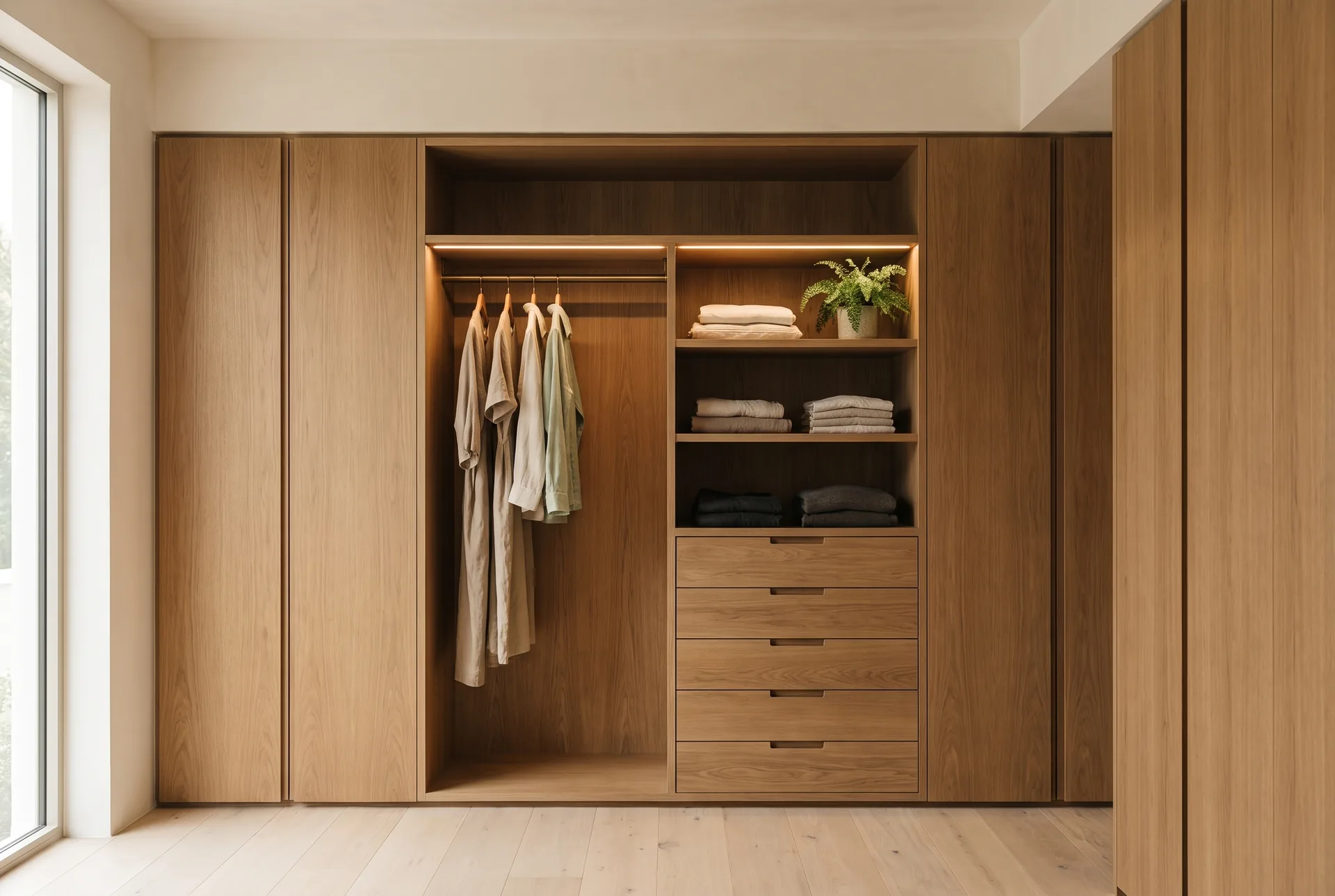 Built-in wardrobe concept, central bay open to a hanging rail, folded textiles and drawers under integrated lighting
