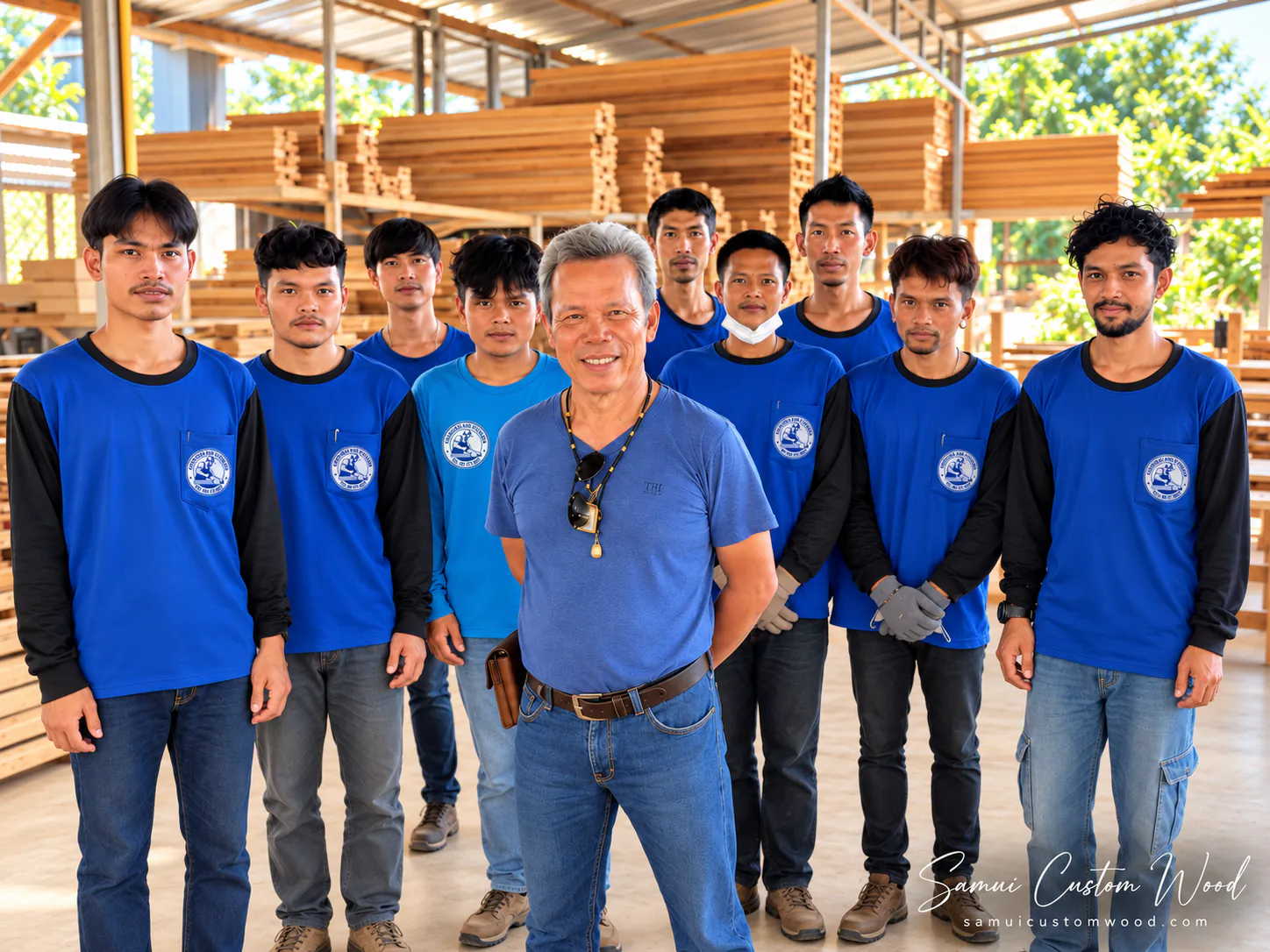 The workshop crew in matching blue shirts standing together in the timber yard, stacked sawn timber behind them